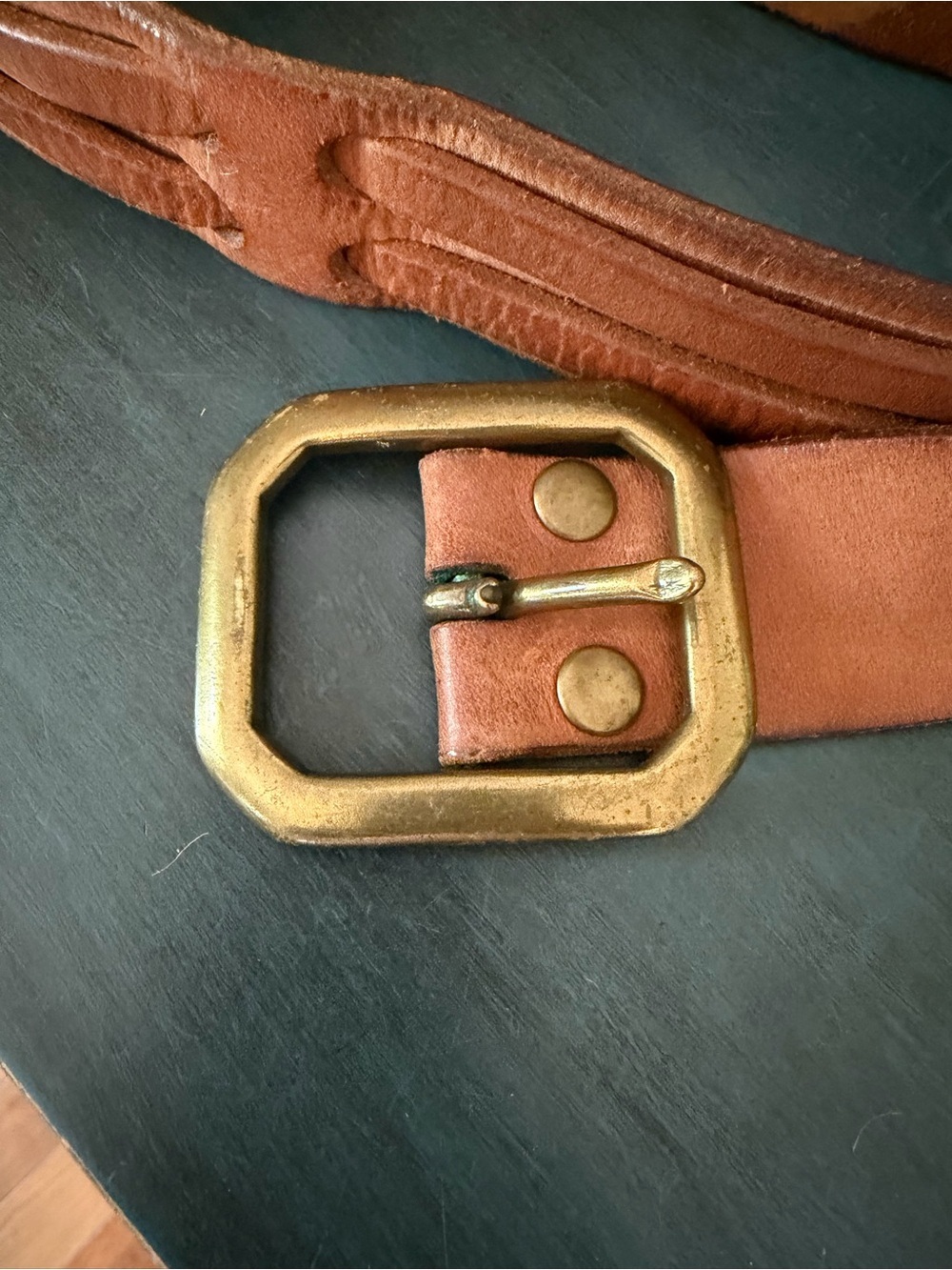 Lucky Brand Tan Leather belt with octagonal brass buckle and beaded design. - Picture 2 of 5